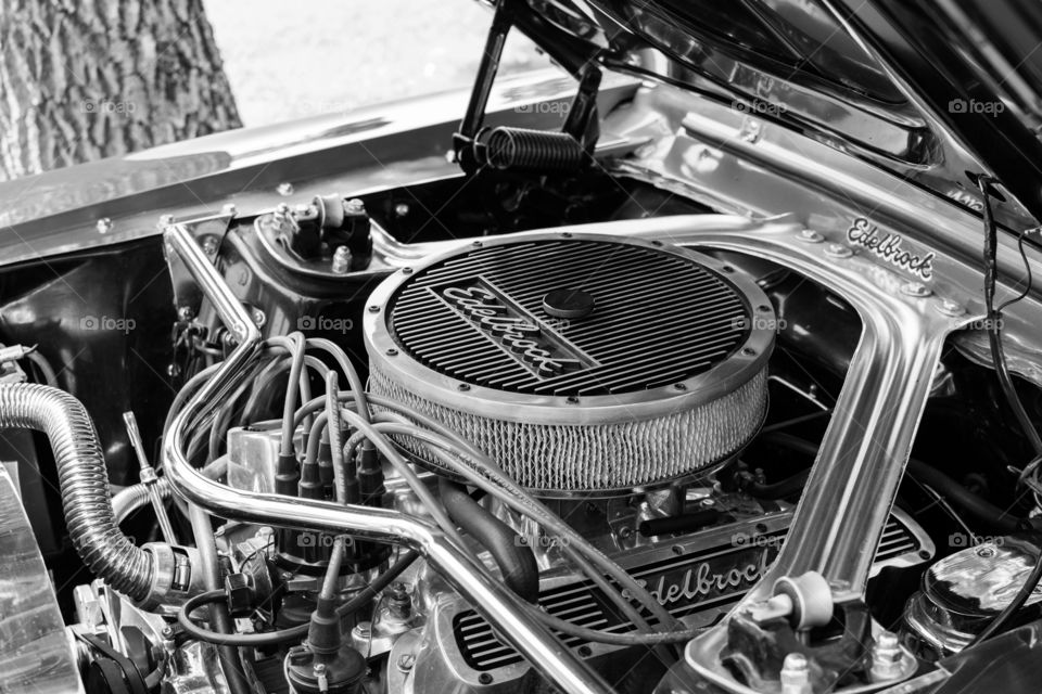 Mustang engine oldtimer show. Black and white V8 edelbrock engine on Oldtimer event in Palic Serbia 2015