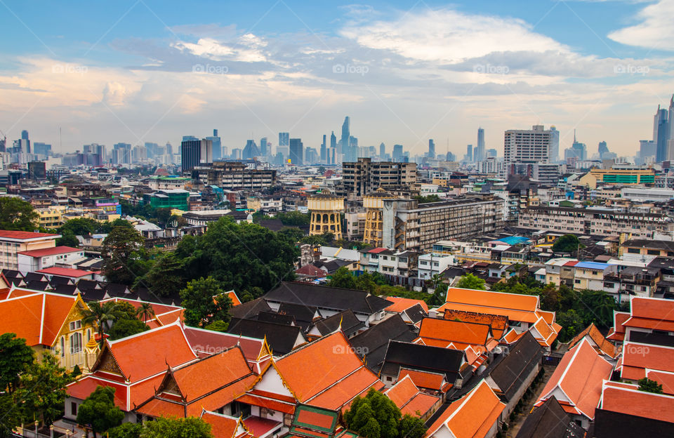 View from Thai Temple Wat Saket to the Cityscape of Bangkok Thailand Southeast Asia