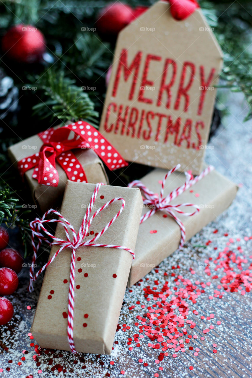 Gift box near christmas tree