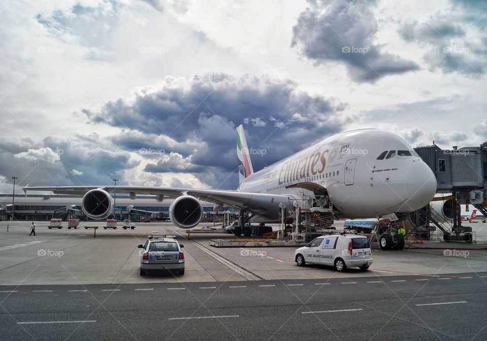 Emirates A380, preparing for departure to Dubai