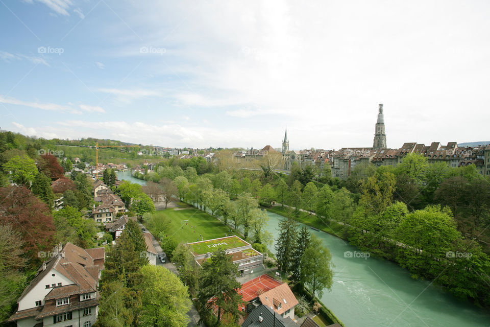 view on the river near the ancient city of bern, swiss .