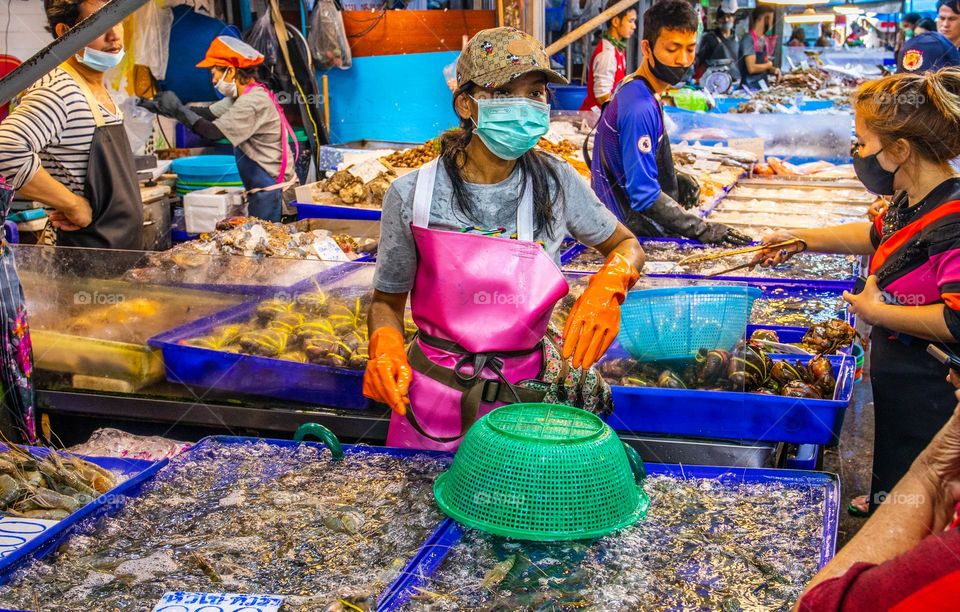 fresh caught Seafood for Sale at a Thai Street Fish Market in Thailand Southeast Asia