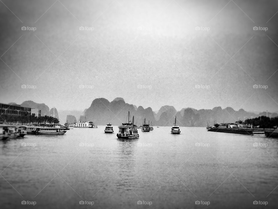 Black and white landscape Halong bay Vietnam