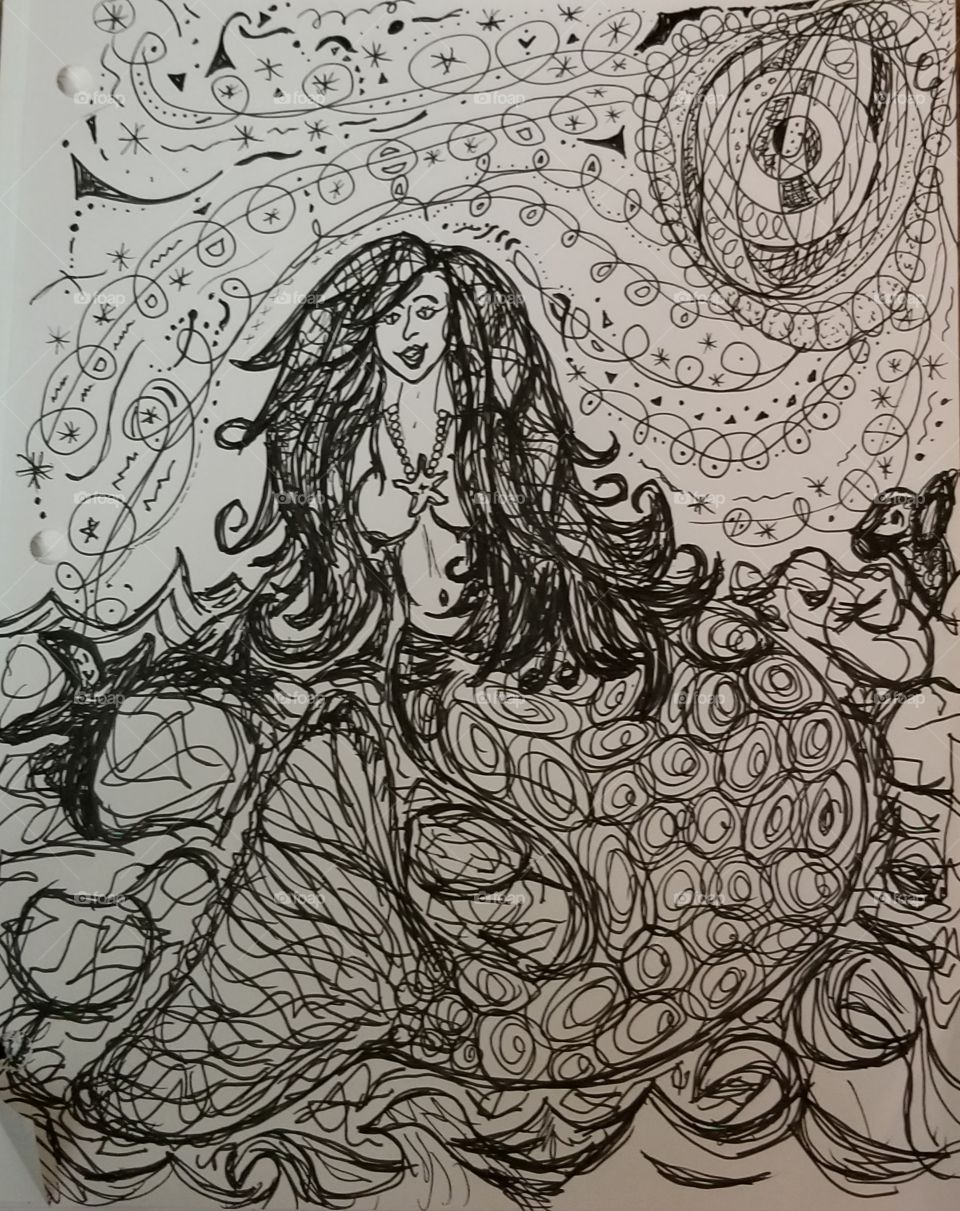 Pen and ink drawing of a mermaid sunbathing on a rock on the ocean shoreline. Folk Art. Mythical creature.