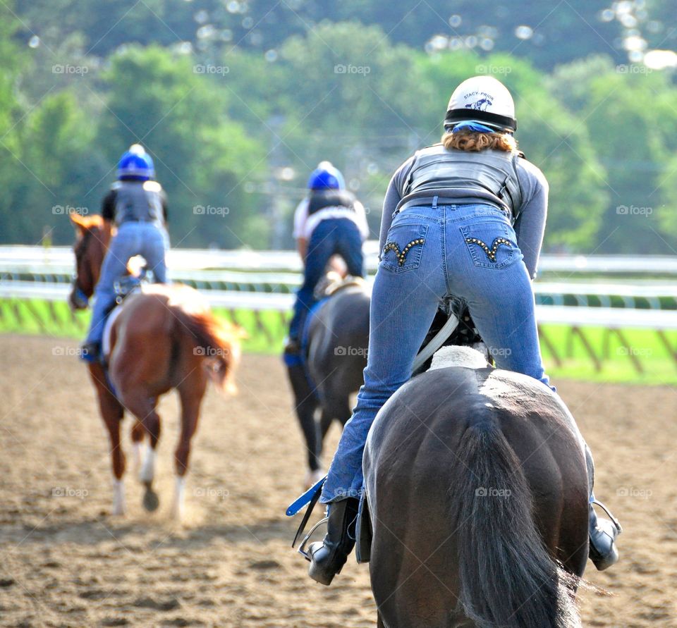 Training at Saratoga. The best female exercise riders come to Saratoga every Summer to train and drill some of the richest thoroughbreds.