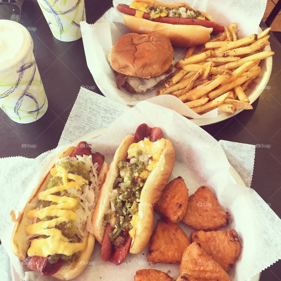 Fast food heaven! Hot dogs, burgers, fries and Mac and cheese bites