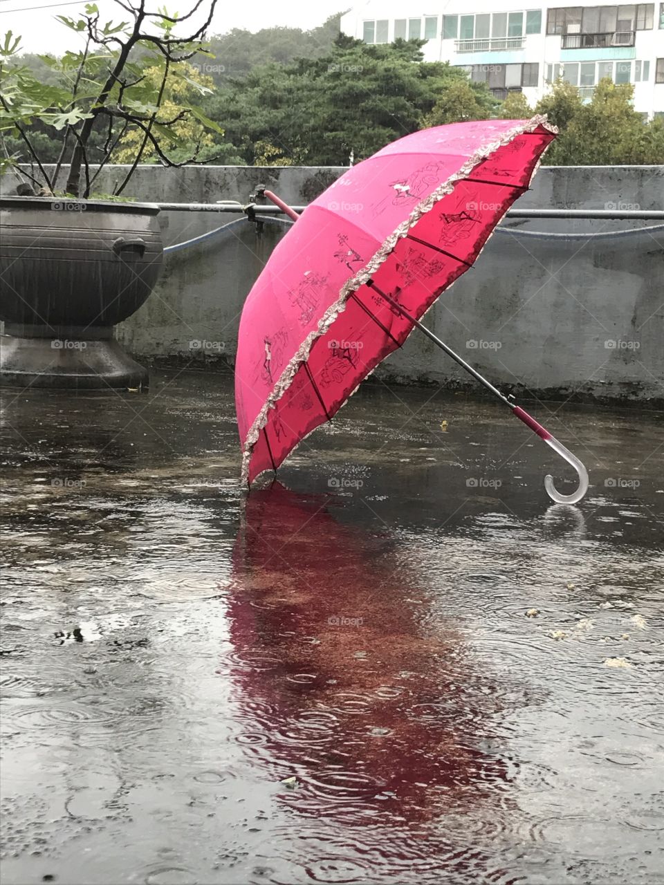 Pink umbrella under the heavy rain