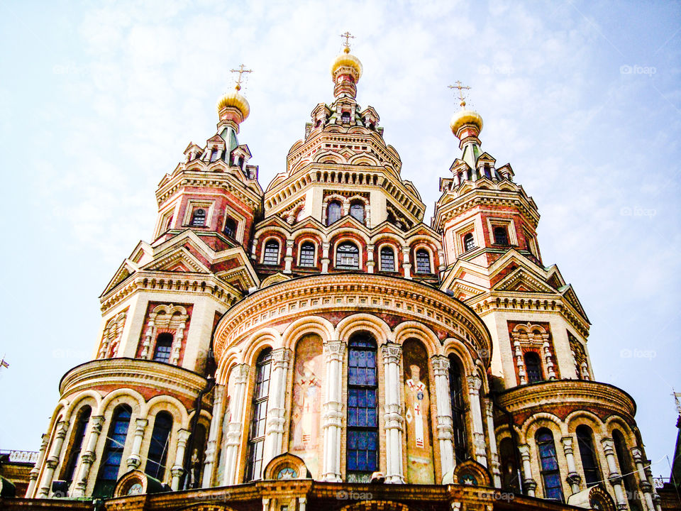 Ornate Orthodox Church architecture in St Petersburg Russia