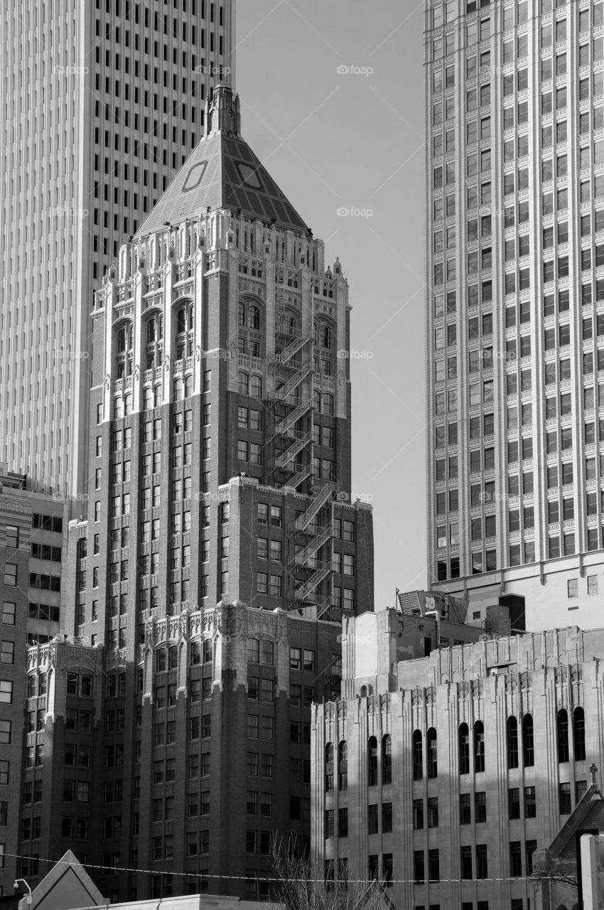 High rise downtown buildings . Photo taken in downtown Tulsa.  Black and white Art Deco buildings.