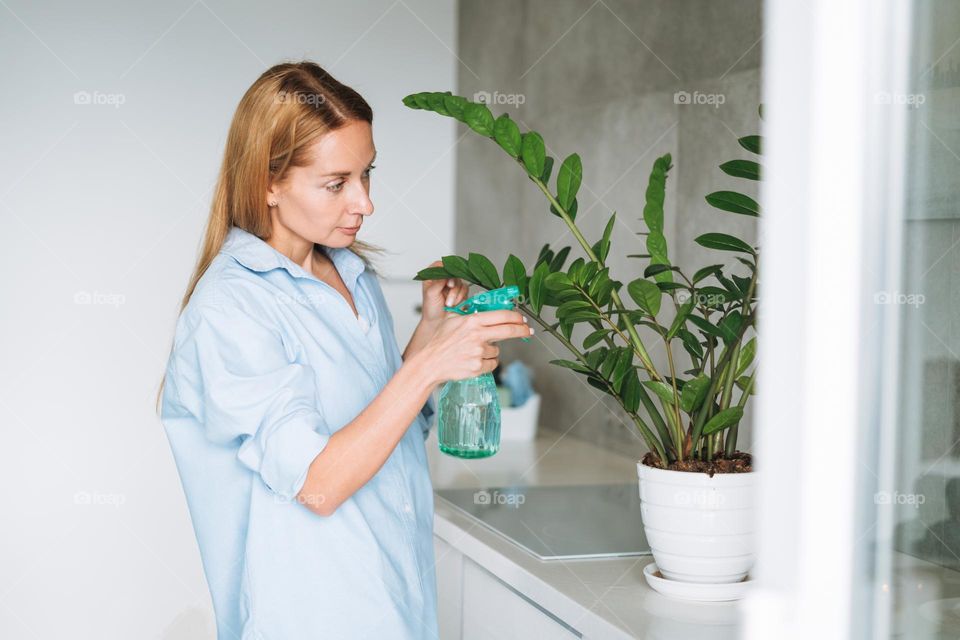 Young woman in blue shirt with spray with water in hands takes care of houseplant in room at home