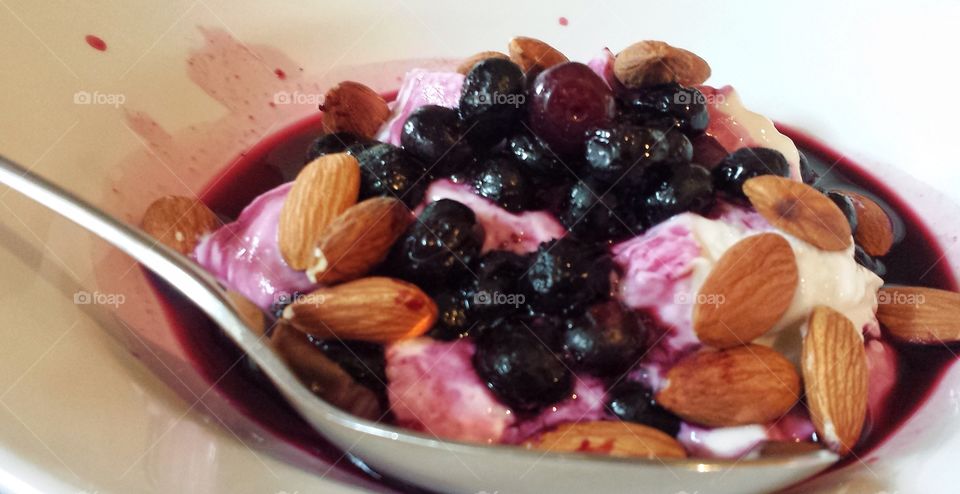 Food. Blueberries & Almonds on Greek Yogurt