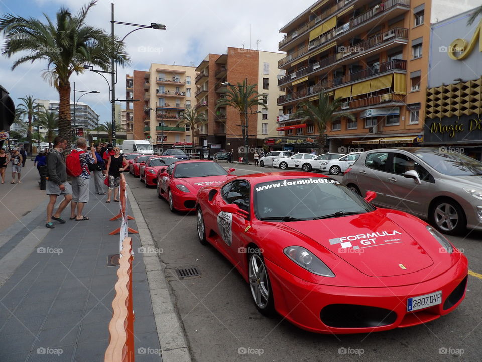 lloret formula weekend. cars lining up road into lloret de mar Spain