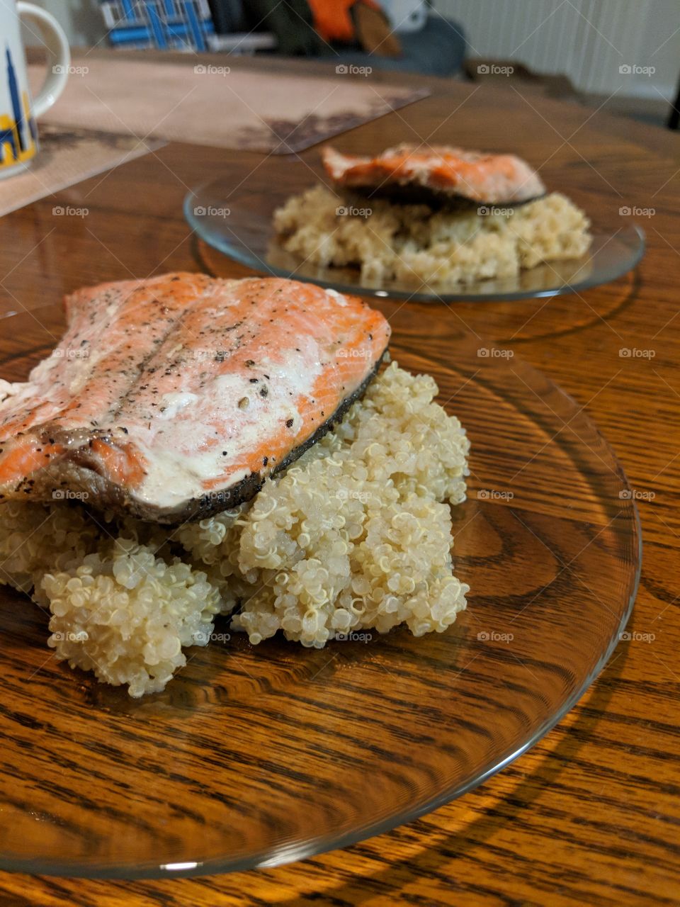 home cooked salmon on a bed of quinoa.