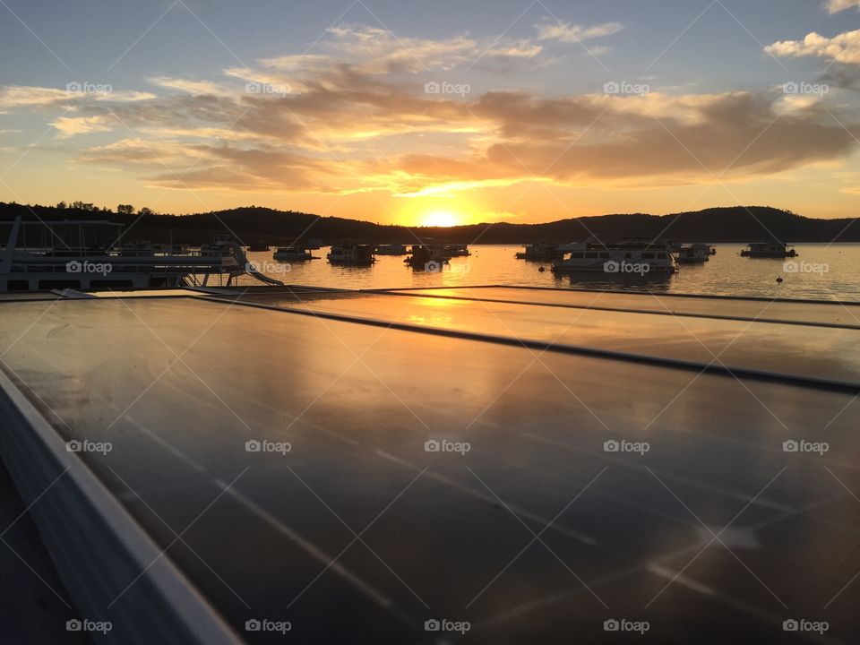 Oroville California Sunset Over Lake Solar Panel Reflection