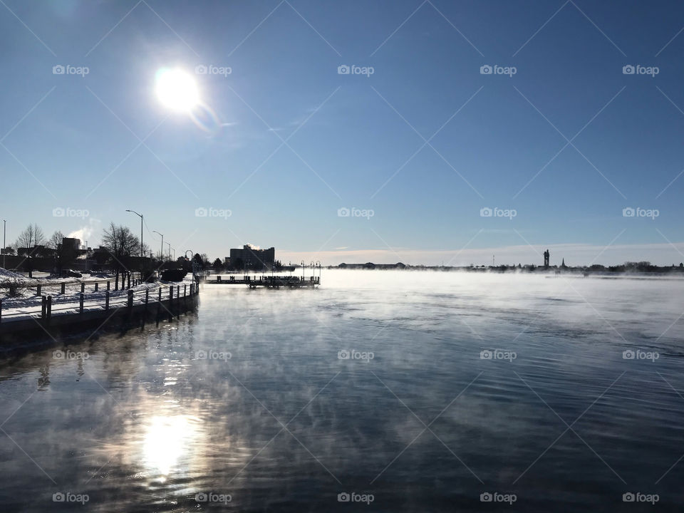 Winter fog coming off the lake in front of Sault Ste. Marie boardwalk