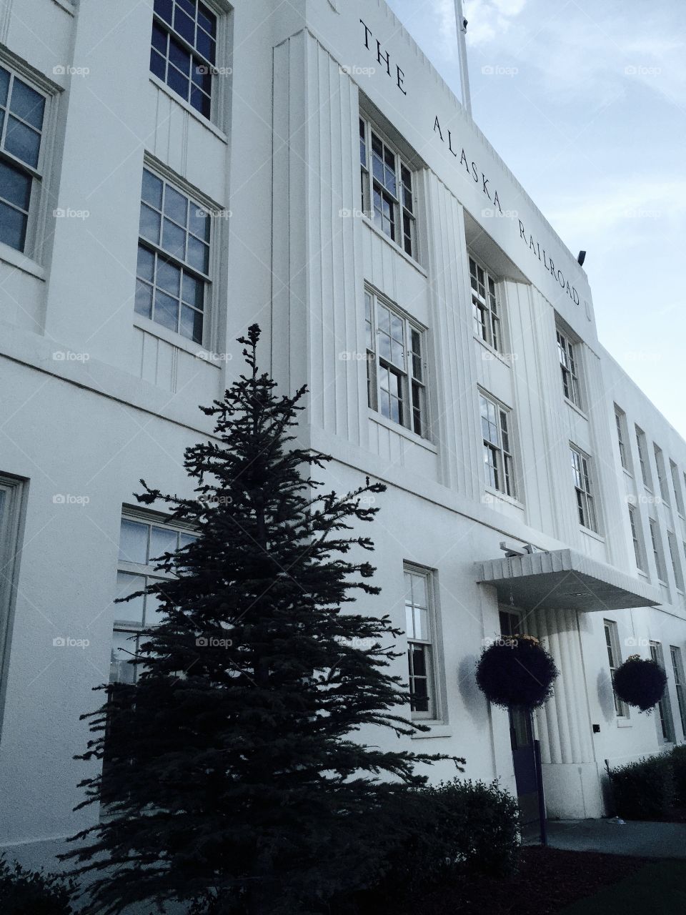 The entrance to the Alaskan Railroad building in downtown Anchorage. 