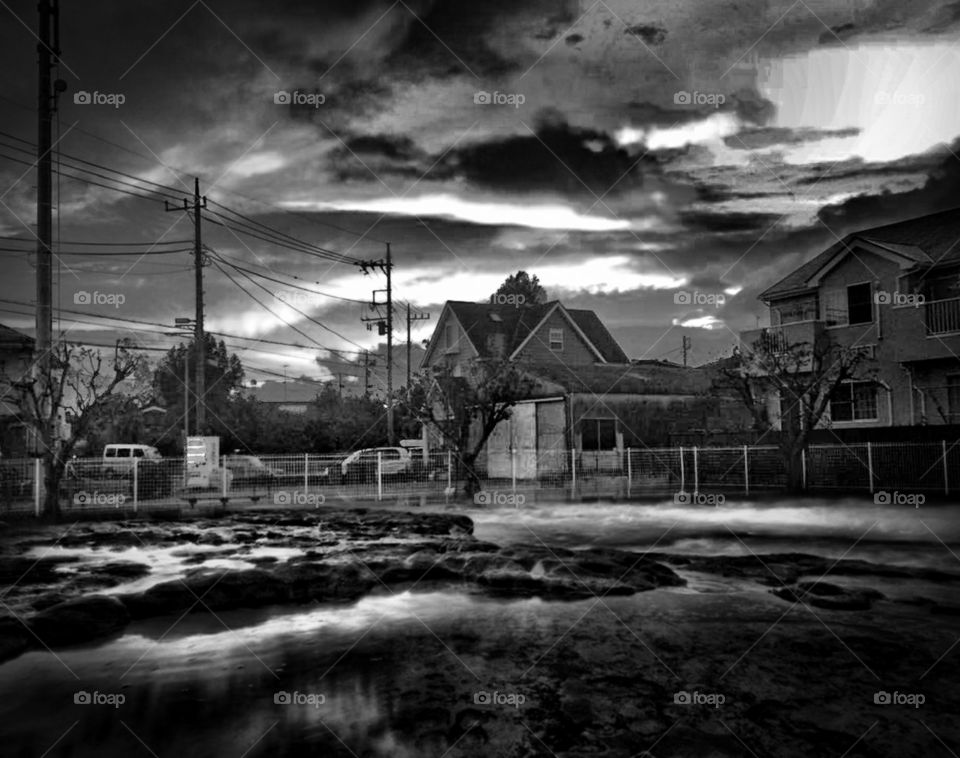 black and white picture of houses landscape