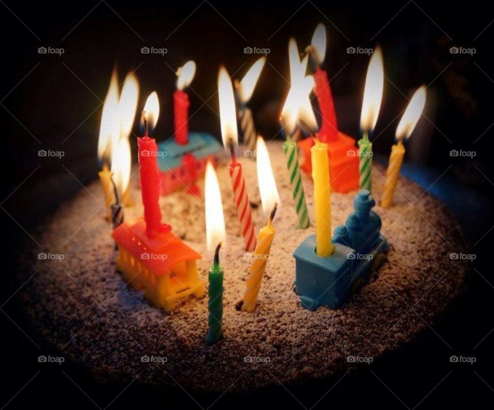 Cake. Birthday, candles, celebration, train, childrenparty