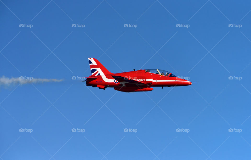 Helsinki, Finland - June 9, 2017: Red Arrows (The Royal Air Force Aerobatic Team) flying  aerobatics at the Kaivopuisto Air Show in Helsinki, Finland on 9 June 2017. 