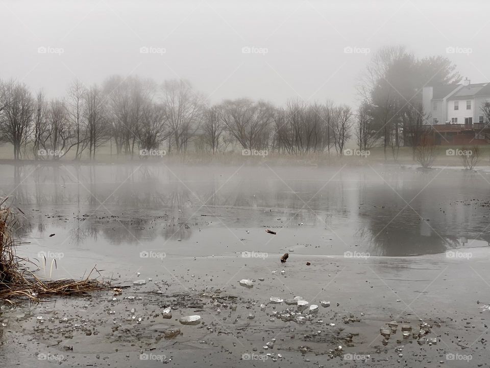 Ice on a pond on a cold foggy winter morning