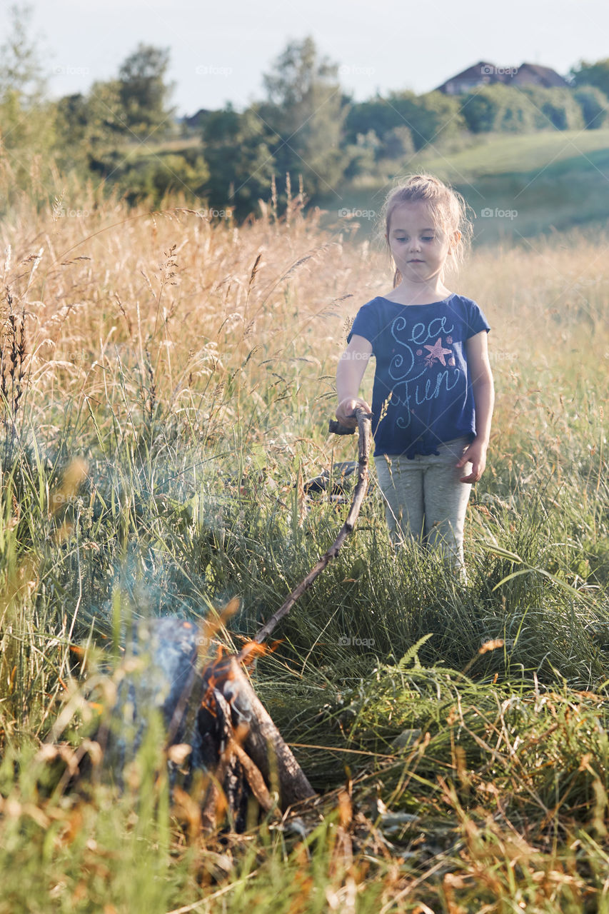 Little girl roasting marshmallows over a campfire on a meadow. Candid people, real moments, authentic situations