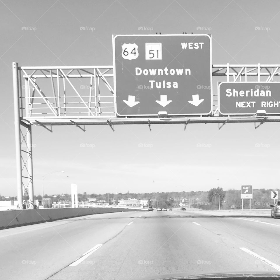 Road signs going toward Tulsa, Oklahoma.