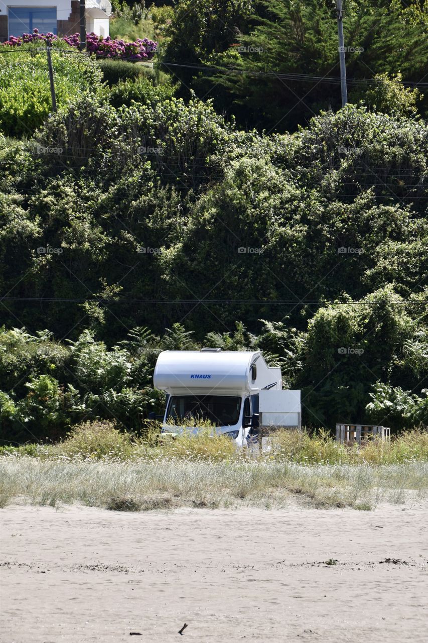 A motorhome and a Beach and plants as background