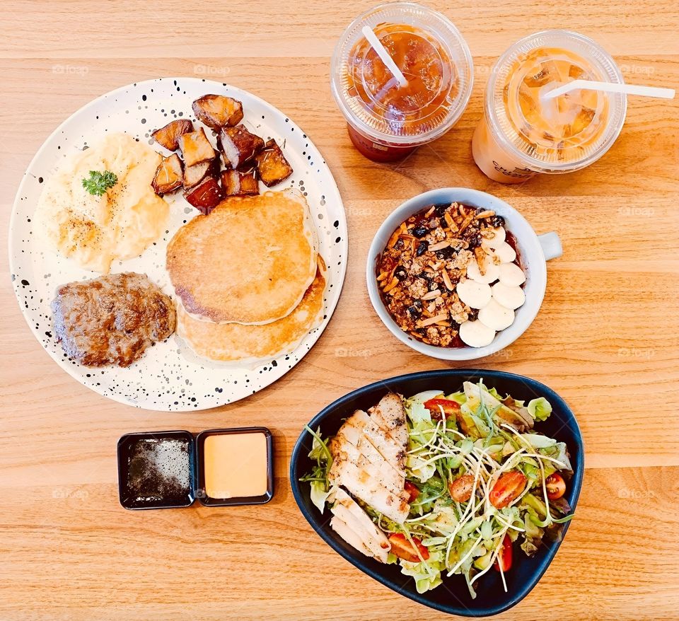 set of mornings breakfast  with drink