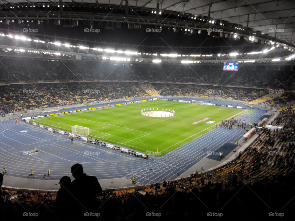 stadium in Kiev Ukraine . National sports complex Olimpiyskiy Ukraine Kiev match European league Dynamo Kiev Everton Liverpool 