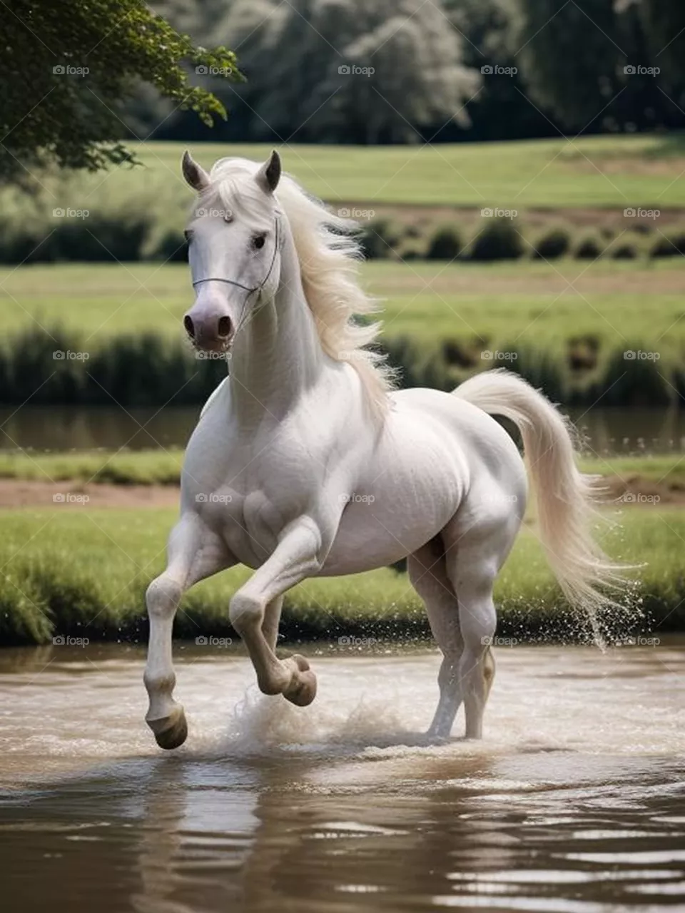 Beautiful white horse running in the river