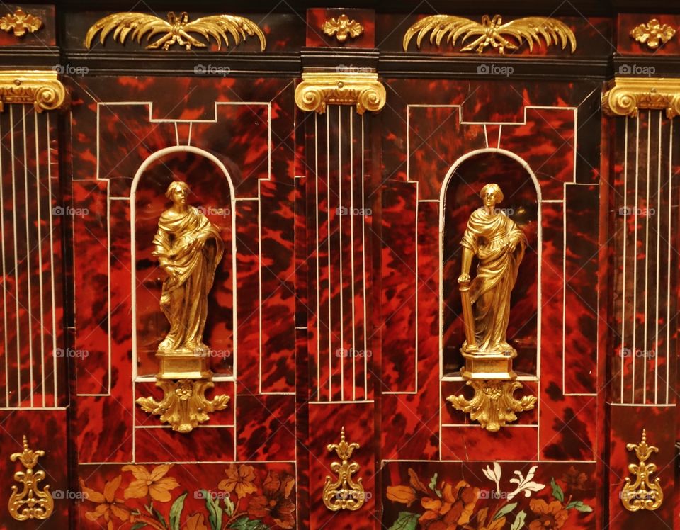 Antique Cabinet. Ornate Lacquered Inlaid Cabinet
