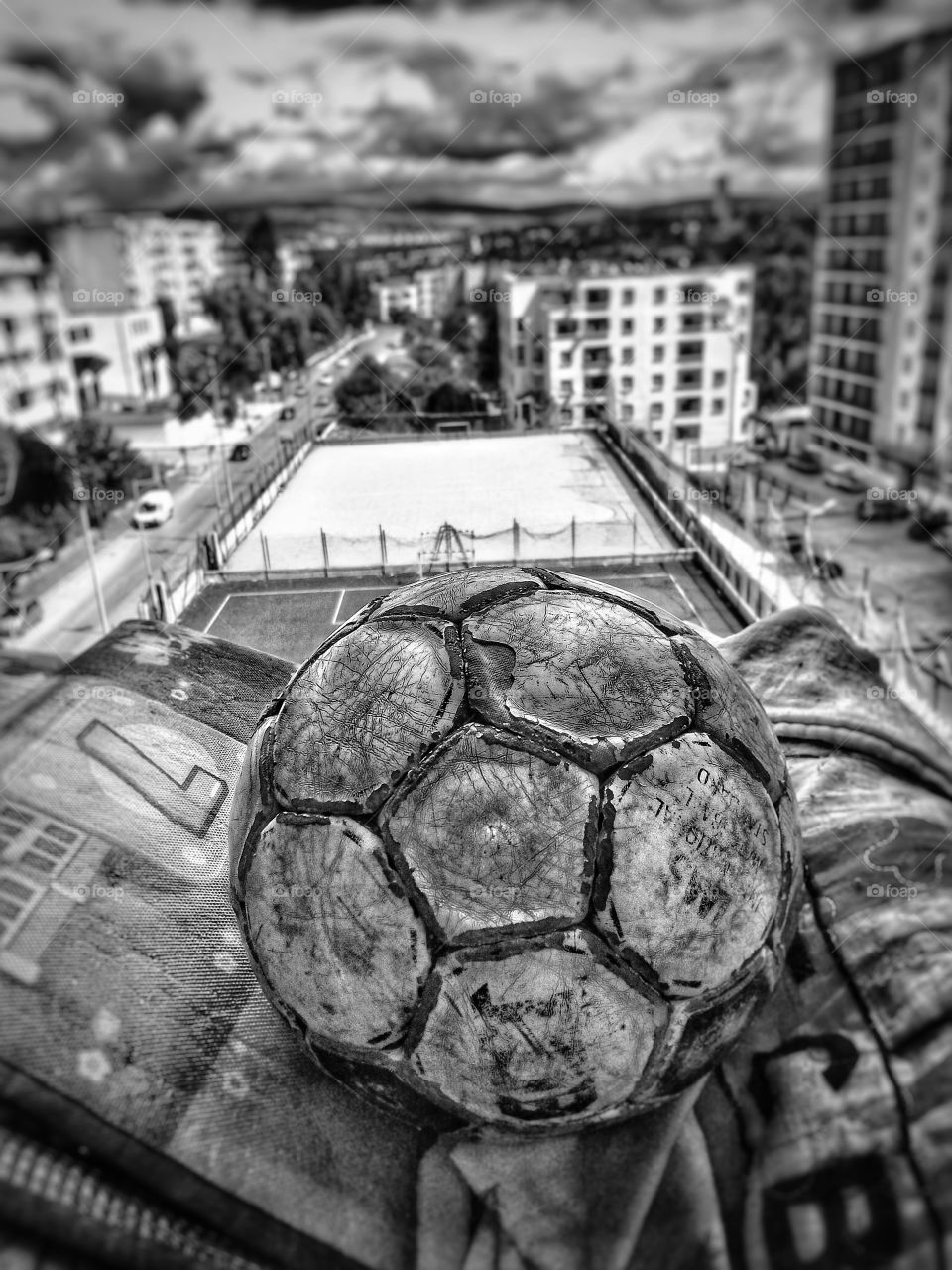 black and white soccer ball from above a building