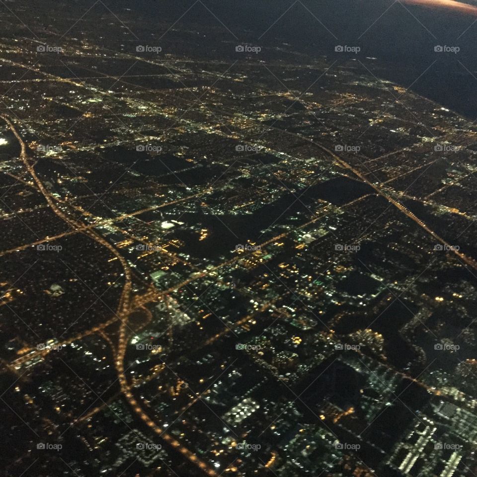 From the plane. Midnight town from the plane