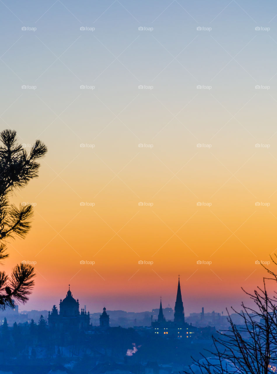 Lviv cityscape during the sunset