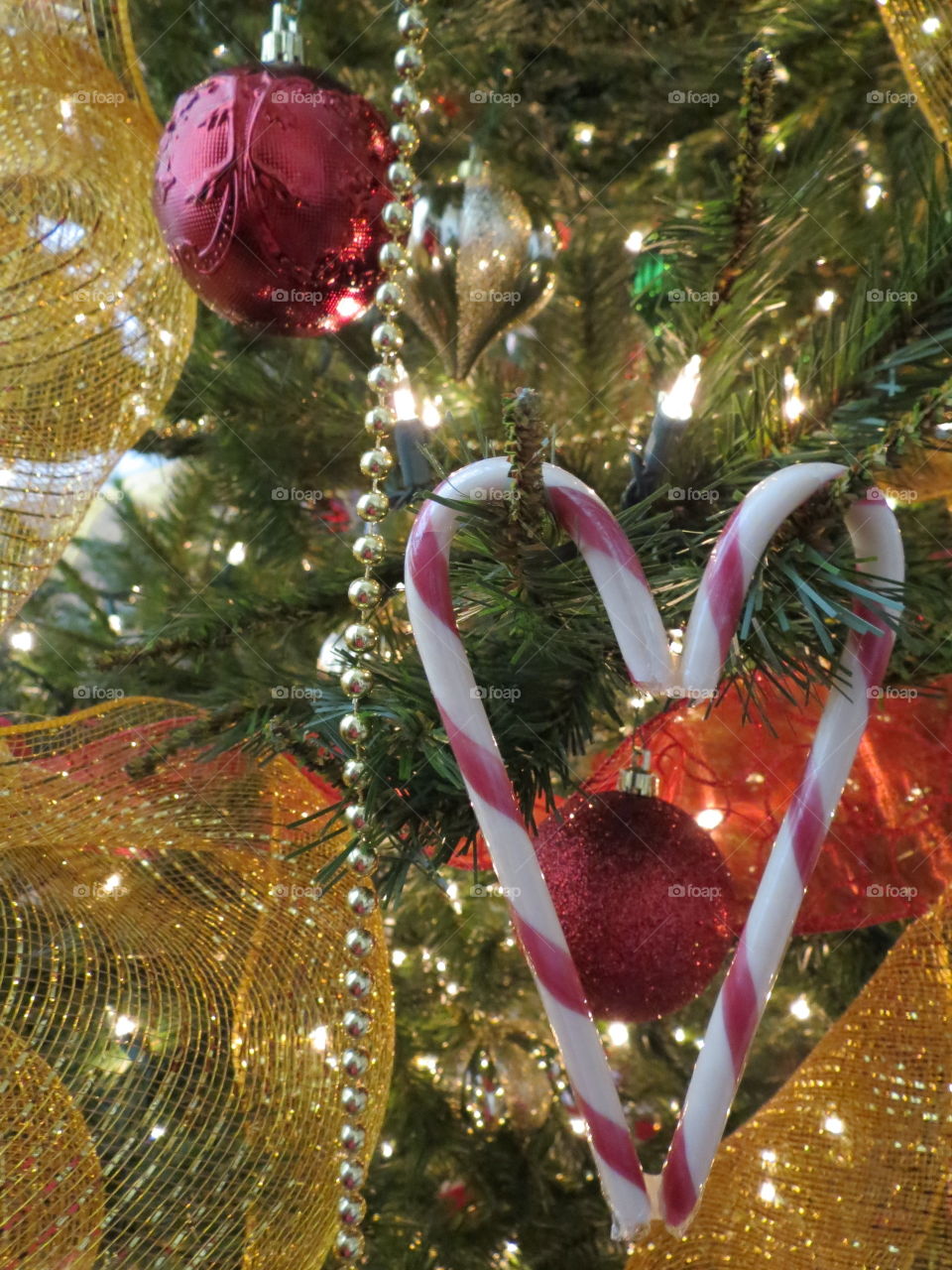 Candy cane heart hangs on a Christmas tree.