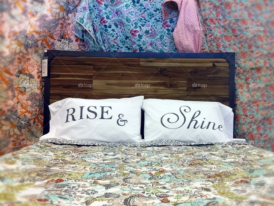 Rise & shine! Floral Bedding, pillow cases, and wood headboard