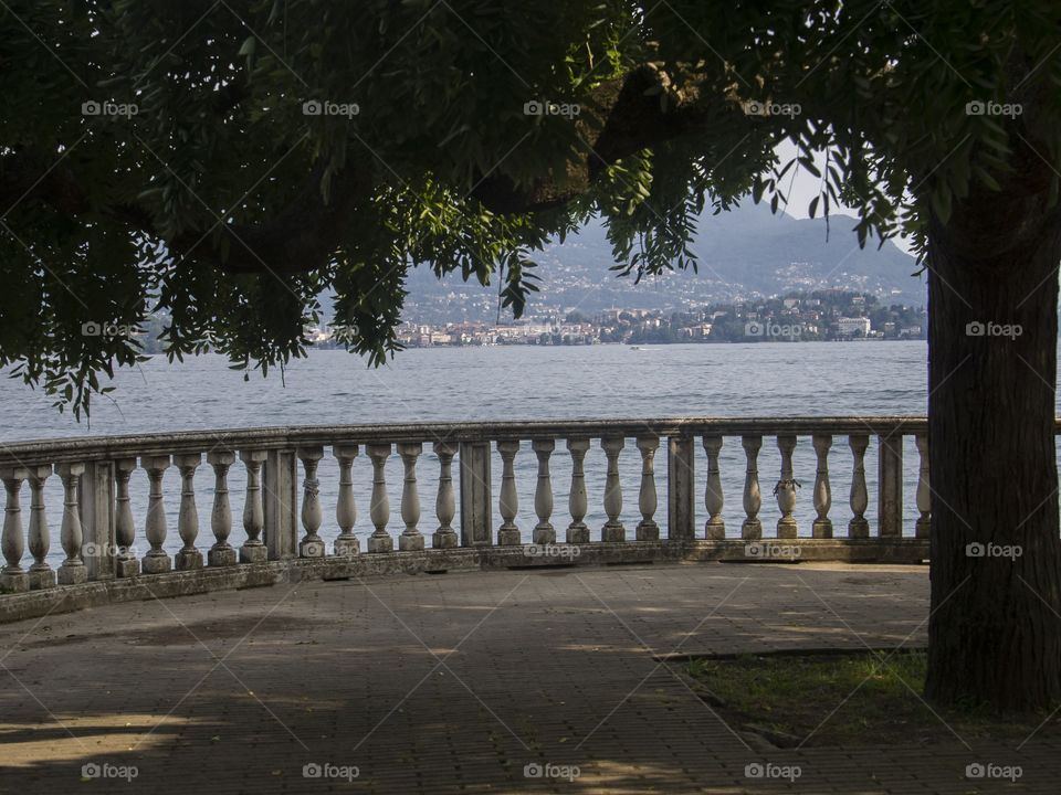 A framed view of the landscape by a terrace and a tree