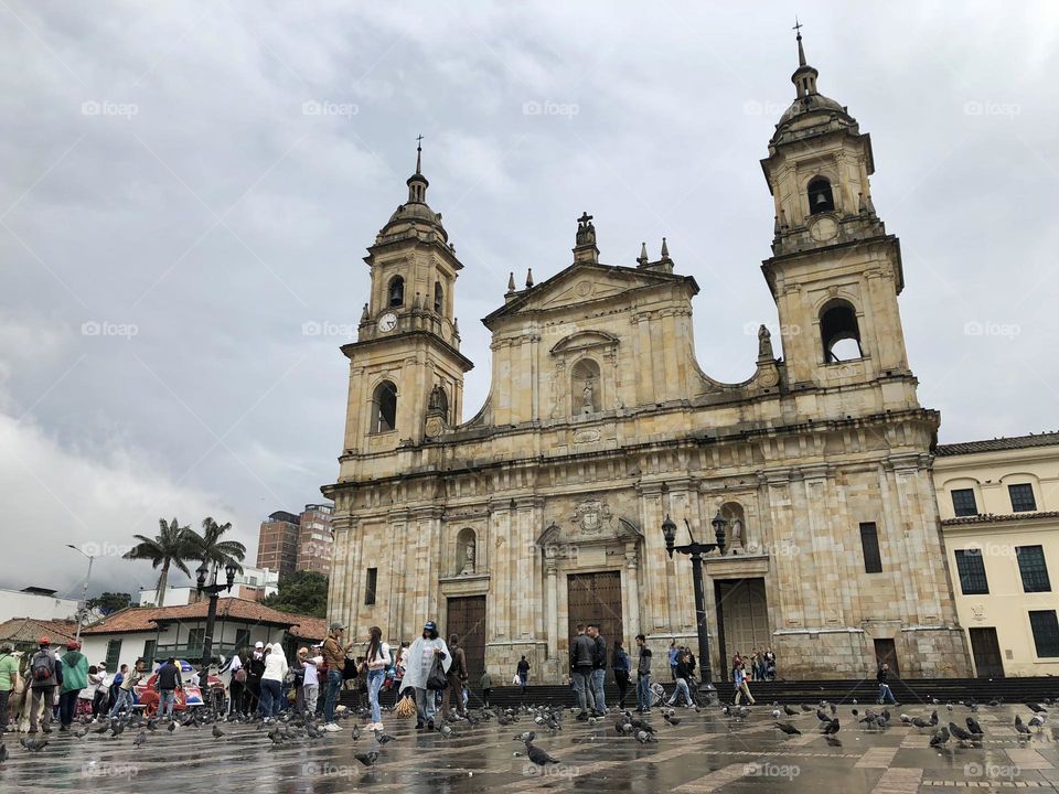 Plaza Bolivar boasts some majestic colonial buildings amidst the bustling modern city of Bogota, Colombia 