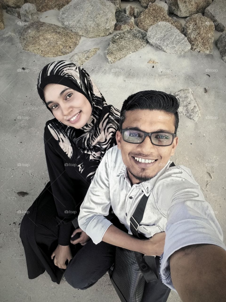 with love at penang beach. selfie with lovely wife at teluk bahang beach