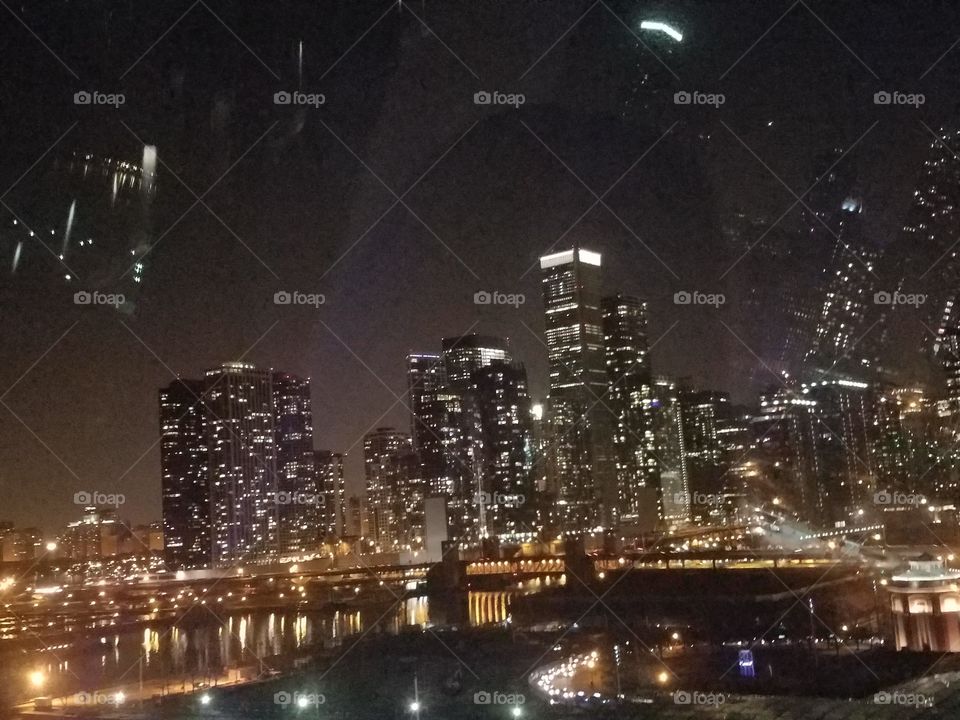 night skyline of Chicago Illinois taken from the navy pier ferris wheel
