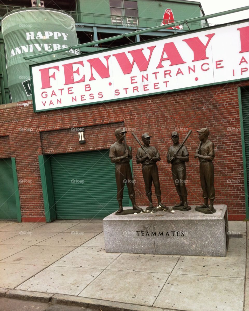 Teammates . Statue of Ted Williams, Dom DiMaggio, Johnny Pesky, and Bobby Doerr at Fenway Park in Boston, Massachusetts.