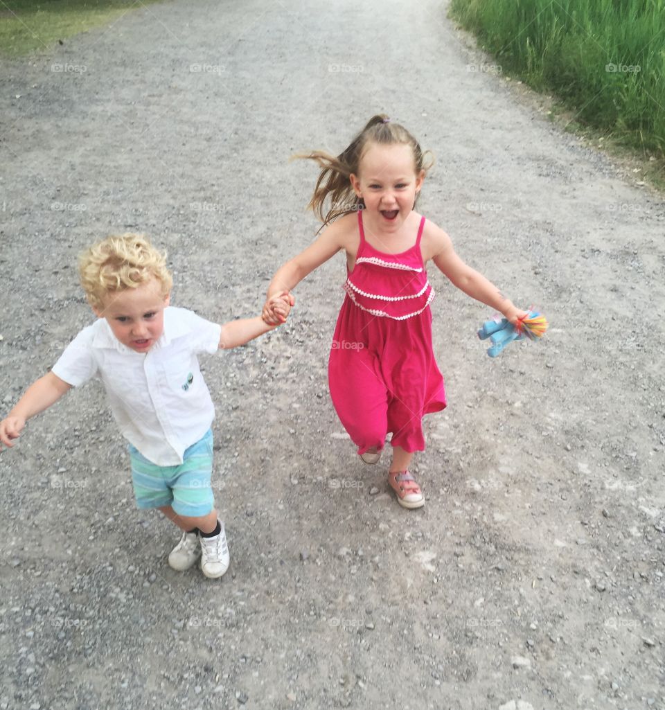 Holding hands and running 