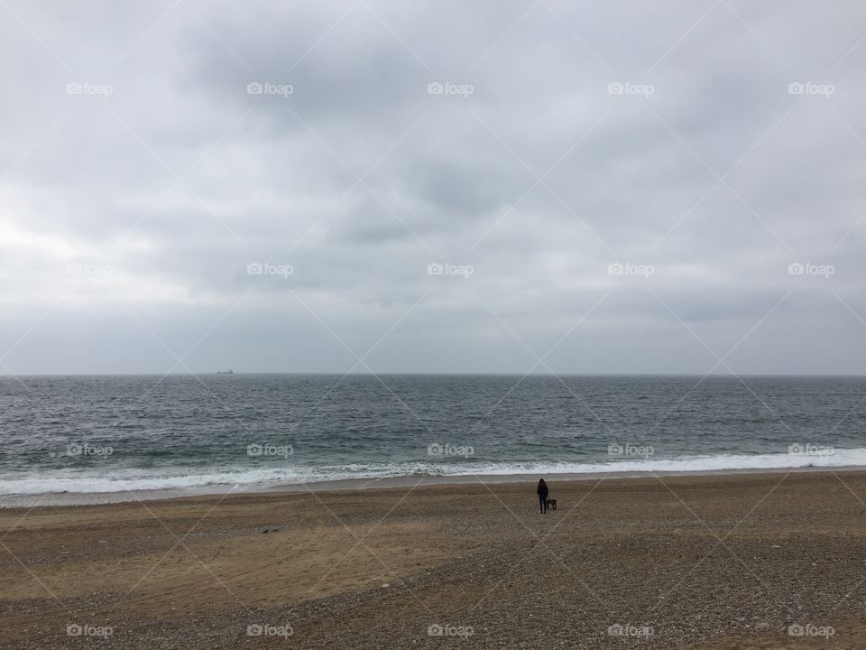 A girl and andog on a beach on a cloudy day