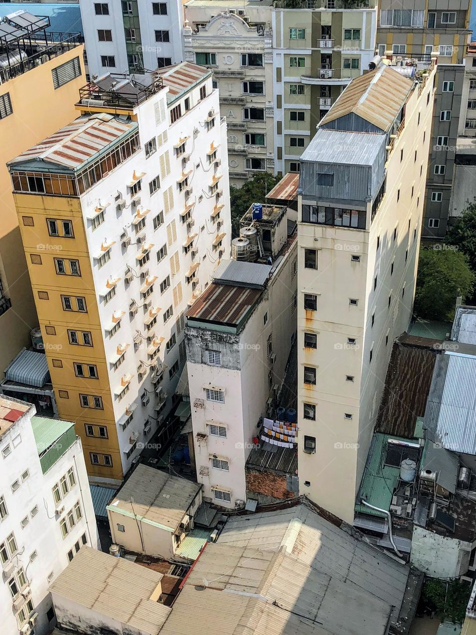 Vietnamese building style, narrow buildings, view from above 