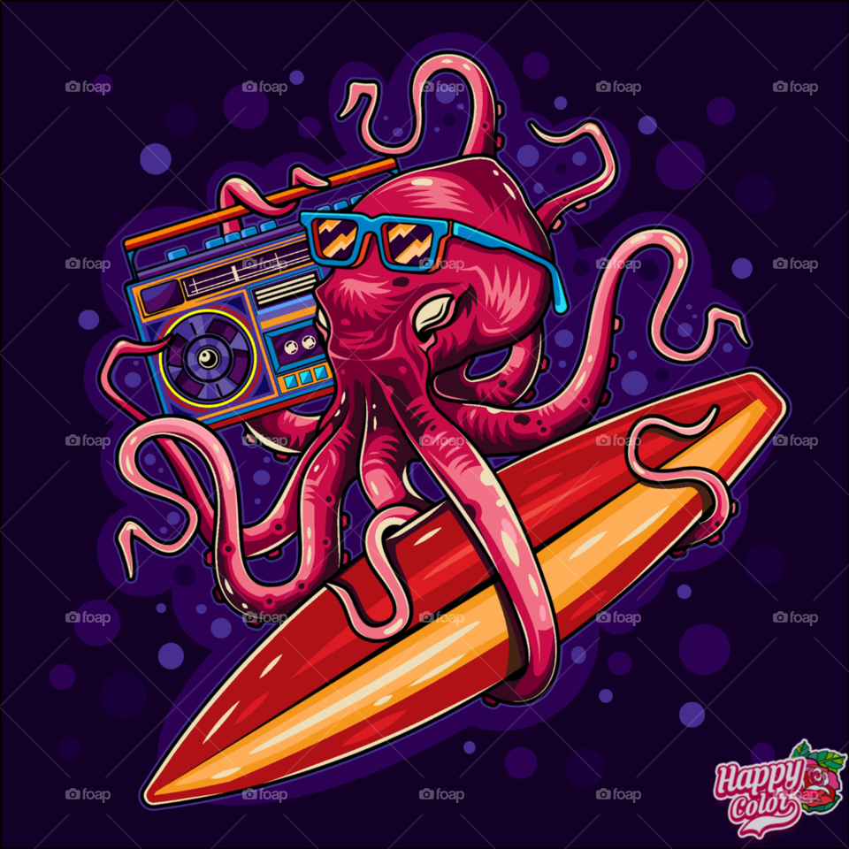 Adult coloring pages, adult coloring styles, octopus with surfboard and boombox, funny octopus image 