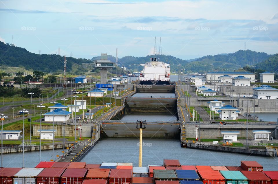 Container vessel entering Cocoli locks in the Panama Canal