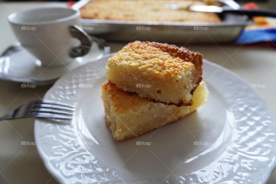 Cassava cake, a traditional recipe from northeastern Brazil. Manihot esculenta, commonly called cassava is a woody shrub native to South America