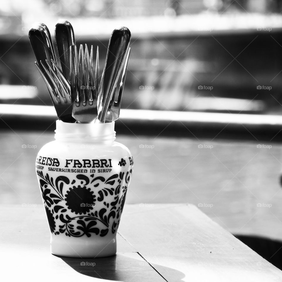 Cutlery on a table in black and white 