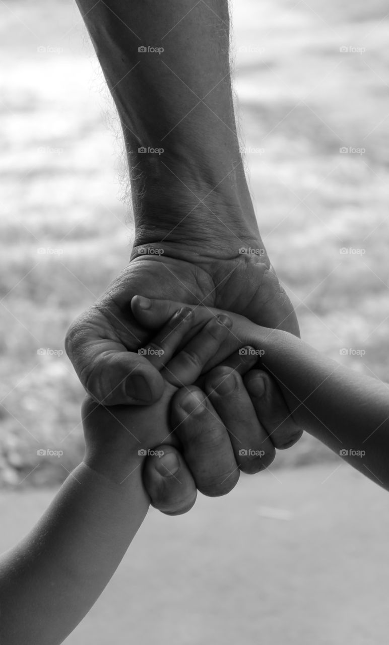 Directly above view of family hands holding together 