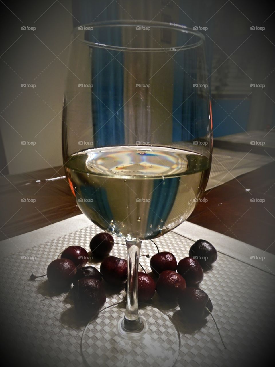 Wine Glass With Cherries In Color